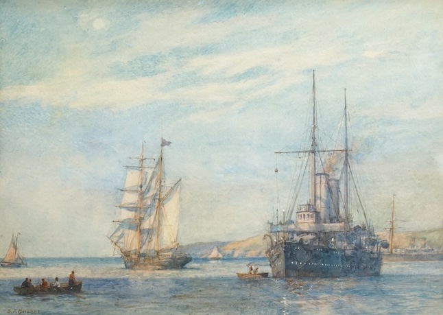 Bernard Finegan Gribble (1873-1962), watercolour, An outward-bound barquentine passing a cruiser outside a harbour, signed, 25 x 35cm